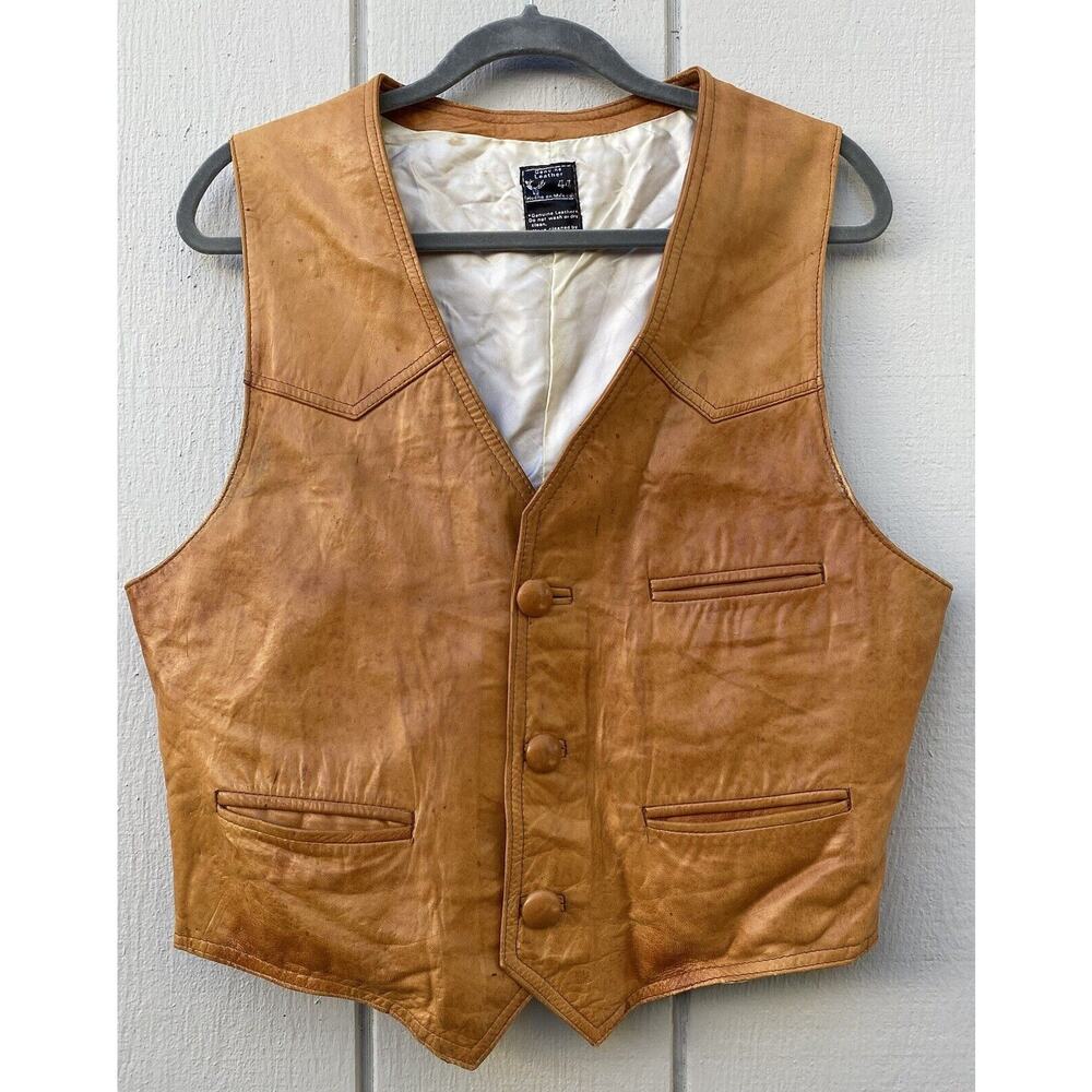 Genuine Leather Men's Vintage Button Vest Made in‎ Mexico Size 44 Tan/Brown